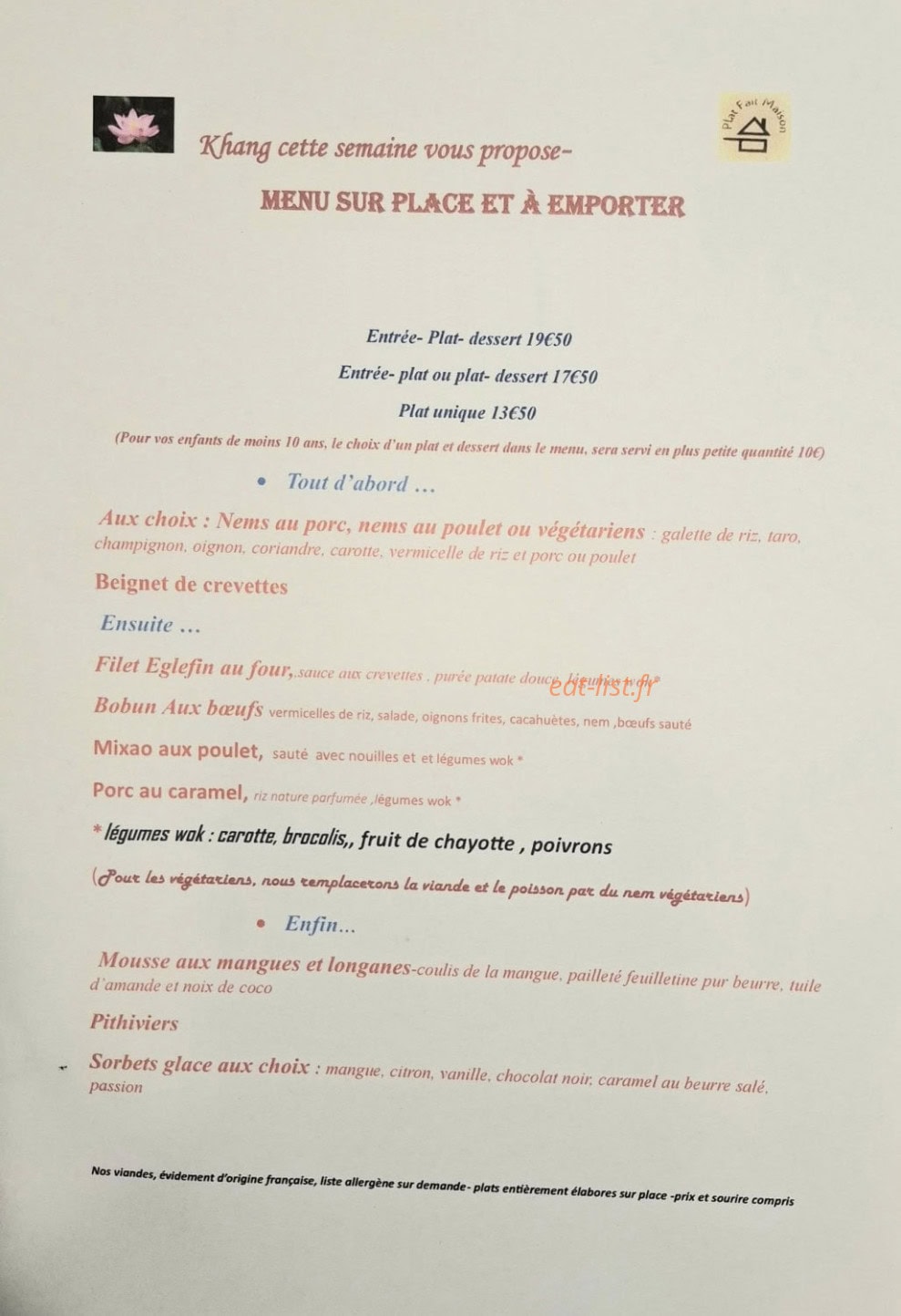 Restaurant Khang — carte page 1