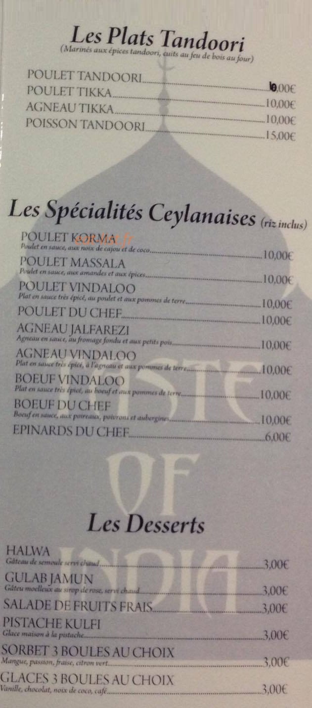 Carte et menu de Taste of India à Saint Meen le Grand — Les plats tandoori, spécialités ceylanaises et desserts