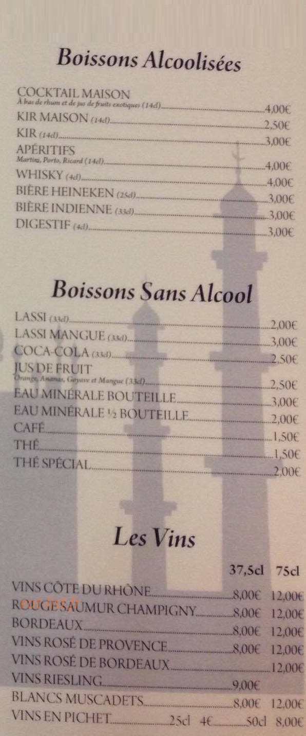Carte et menu de Taste of India à Saint Meen le Grand — Les boissons alcoolisées, sans alcools et vins