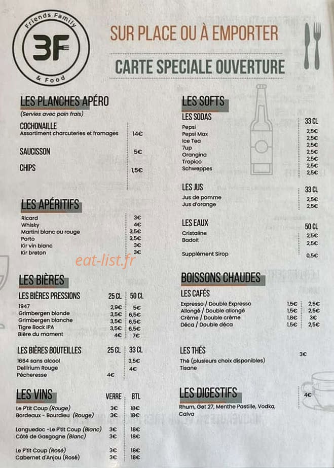 Carte et menu de 3F - Friends Family & Food à Fougeres — Carte spéciale ouverture
