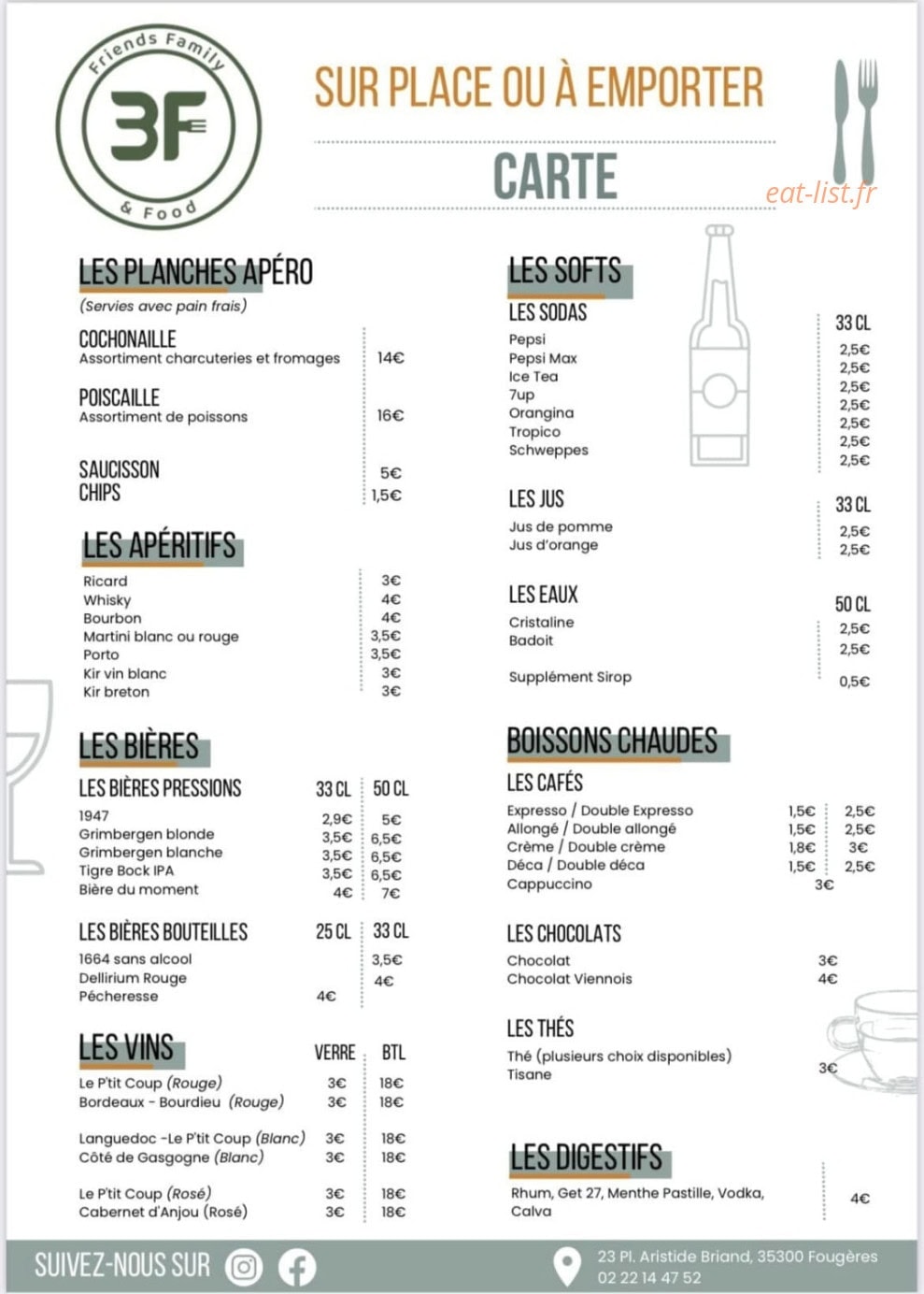 Carte et menu de 3F - Friends Family & Food à Fougeres — La carte
