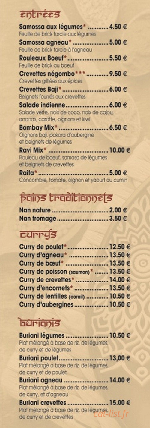Restaurant Indien — carte page 1