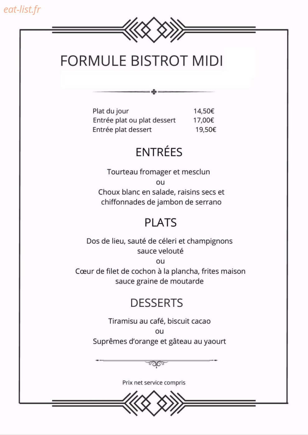 Le Bistrot des Saveurs — carte page 1
