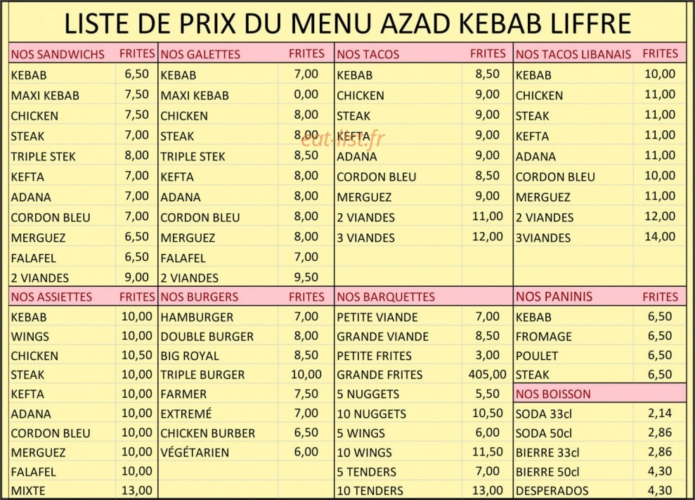 Azad kebab — carte page 1