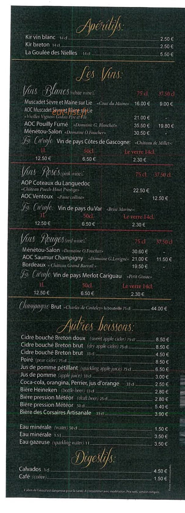 Carte et menu de La Ferme des nielles à Saint Meloir des Ondes — Les apéritifs, vins, boissons et digestifs