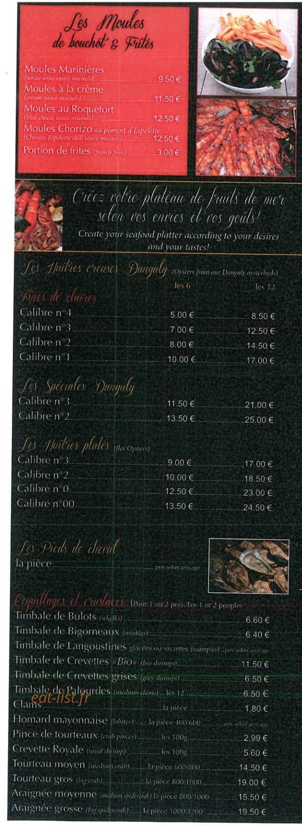 Carte et menu de La Ferme des nielles à Saint Meloir des Ondes — Les moules, huîtres, coquillages et crustacés