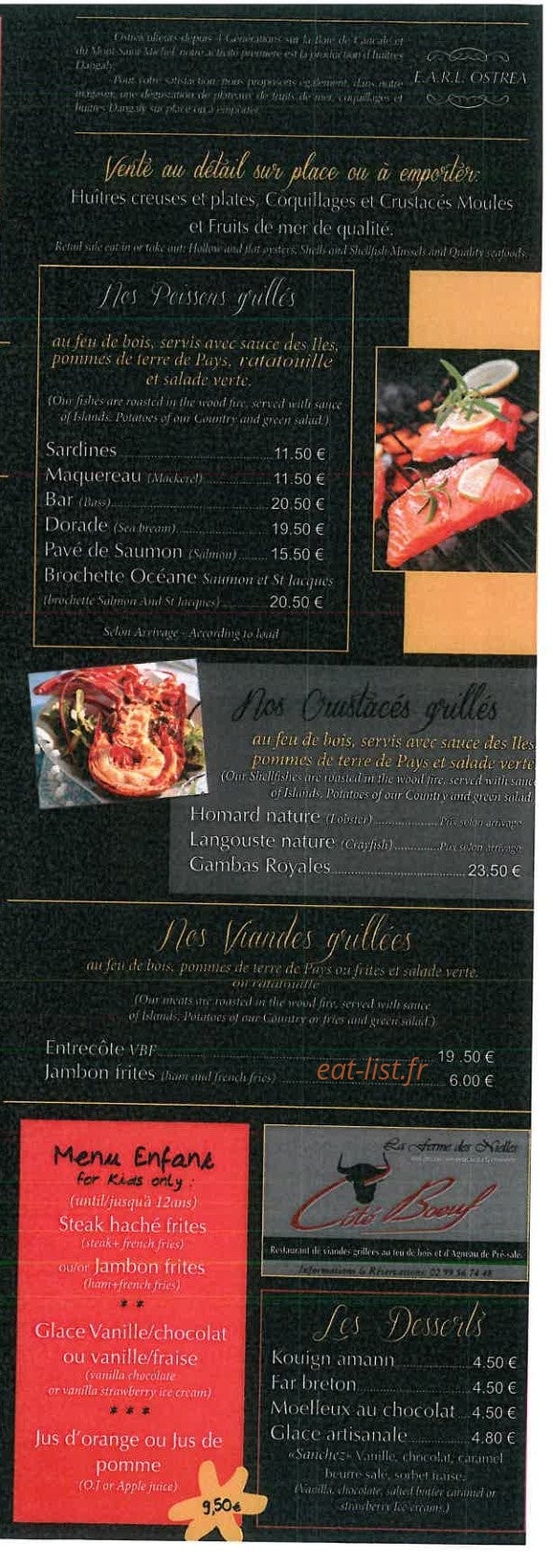 Carte et menu de La Ferme des nielles à Saint Meloir des Ondes — Les grillades, menu enfant et desserts
