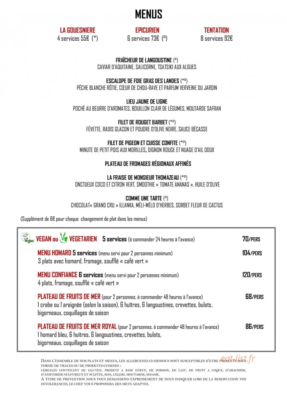 Carte et menu de La Gouesnière à Saint Meloir des Ondes — Les menus