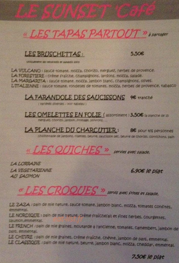 Sunset'Café — carte page 1