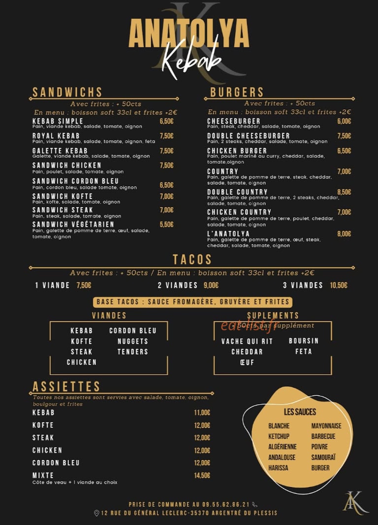 L'Anatolya Kebab — carte page 1
