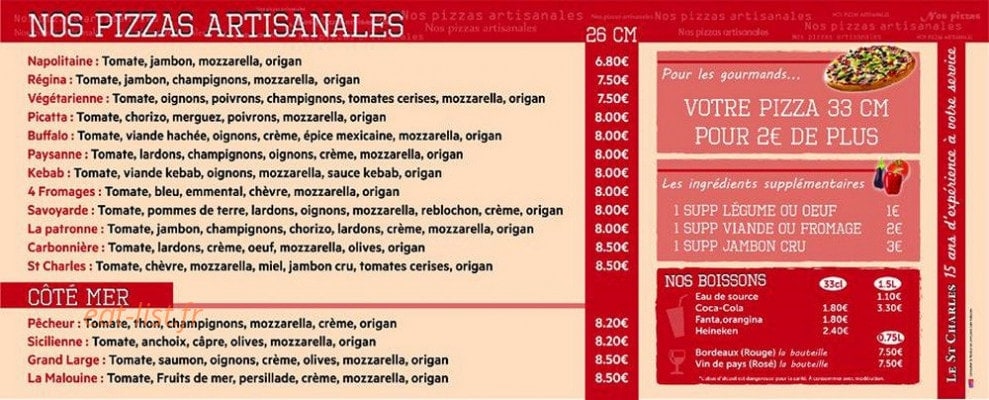 Le St Charles Pizza — carte page 1