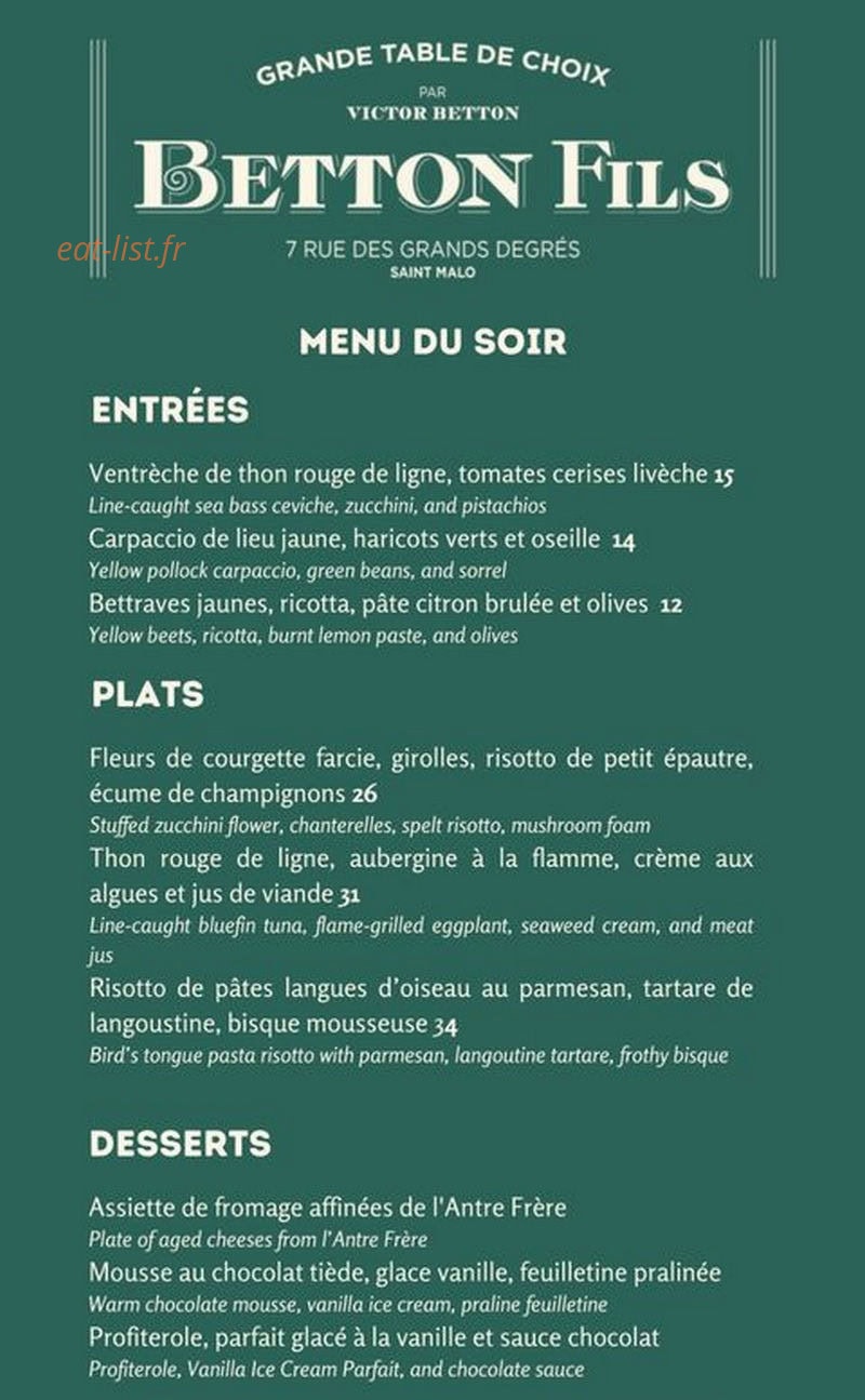 Carte et menu de Betton Fils à Saint Malo — Menu du soir
