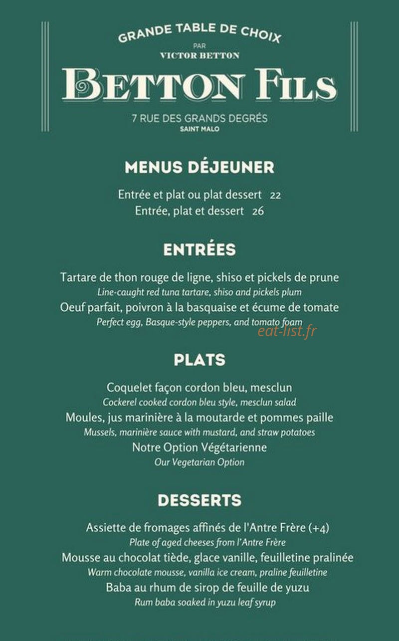Carte et menu de Betton Fils à Saint Malo — Menus déjeuner