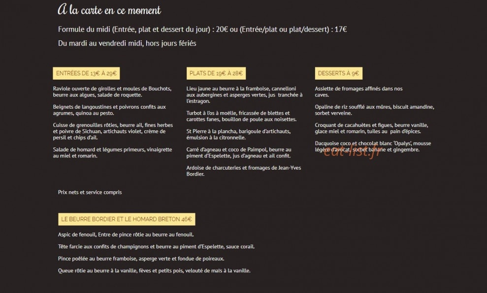 Bistro Autour du beurre — carte page 1