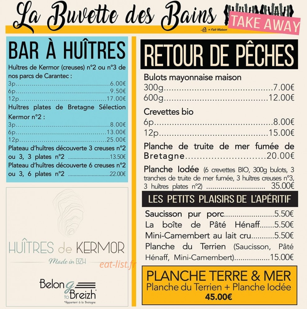 Carte et menu de Buvette des Bains à Saint Malo — Bar à huitre, retour de pêche, ...