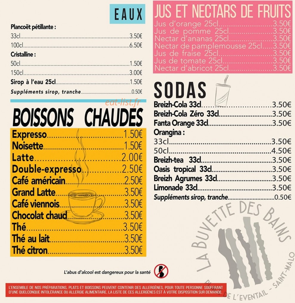 Carte et menu de Buvette des Bains à Saint Malo — Les boissons chaudes, sodas, ...
