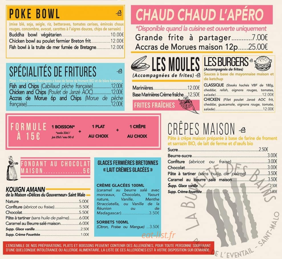 Carte et menu de Buvette des Bains à Saint Malo — Les moules, burgers, ...