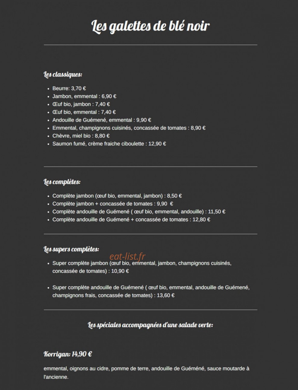 Crêperie les Korrigans — carte page 2