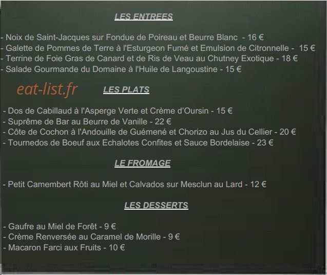 Carte et menu de Domaine des mauriers à Saint Malo — La carte