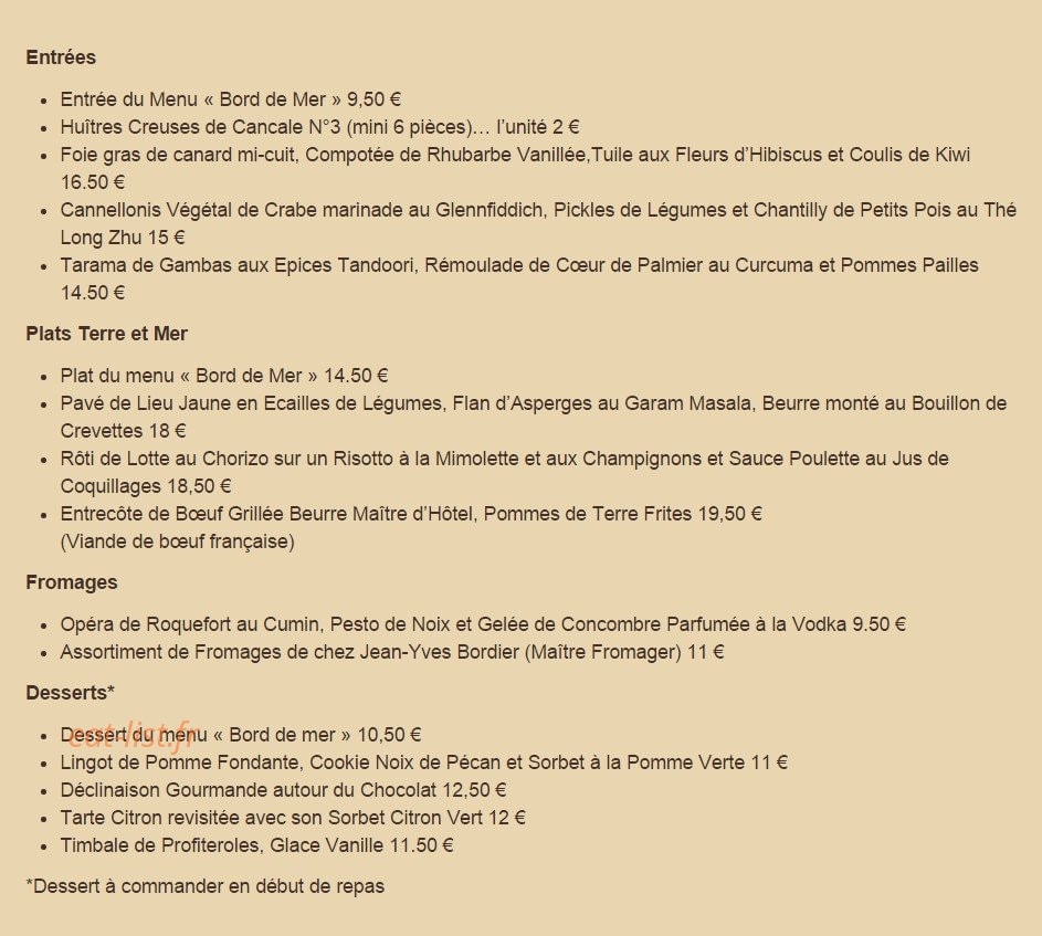 Hôtel Restaurant Antinéa — carte page 1