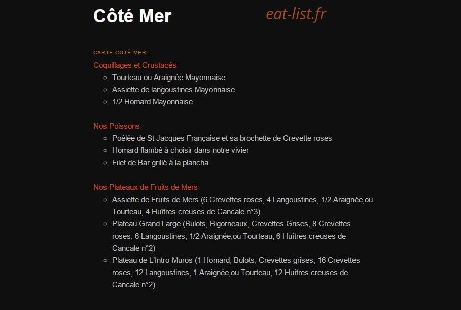 Carte et menu de L'Intra Muros à Saint Malo — Côté mer