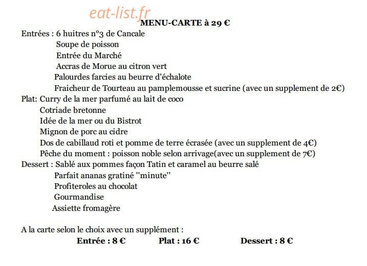Carte et menu de La Corderie à Saint Malo — Menu carte