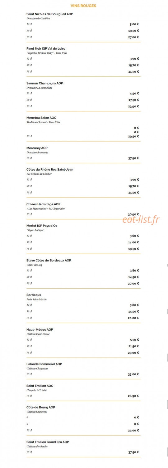 Carte et menu de La Taverne à Saint Malo — Les vins rouges