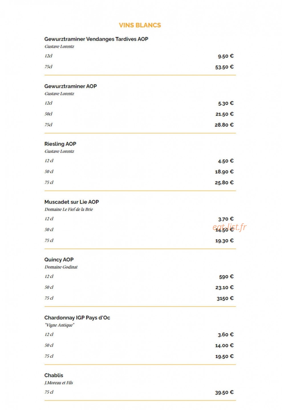 Carte et menu de La Taverne à Saint Malo — Les vins blancs