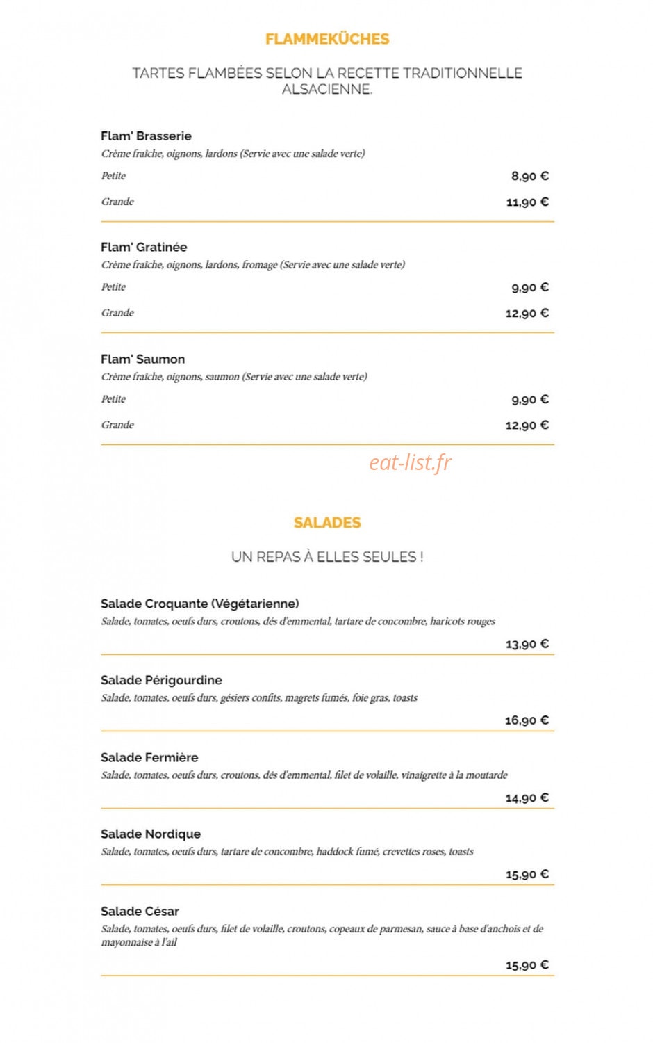 Carte et menu de La Taverne à Saint Malo — Les flammekuch et salades