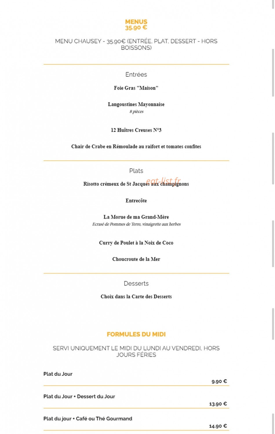 Carte et menu de La Taverne à Saint Malo — Les menus à 35.90€