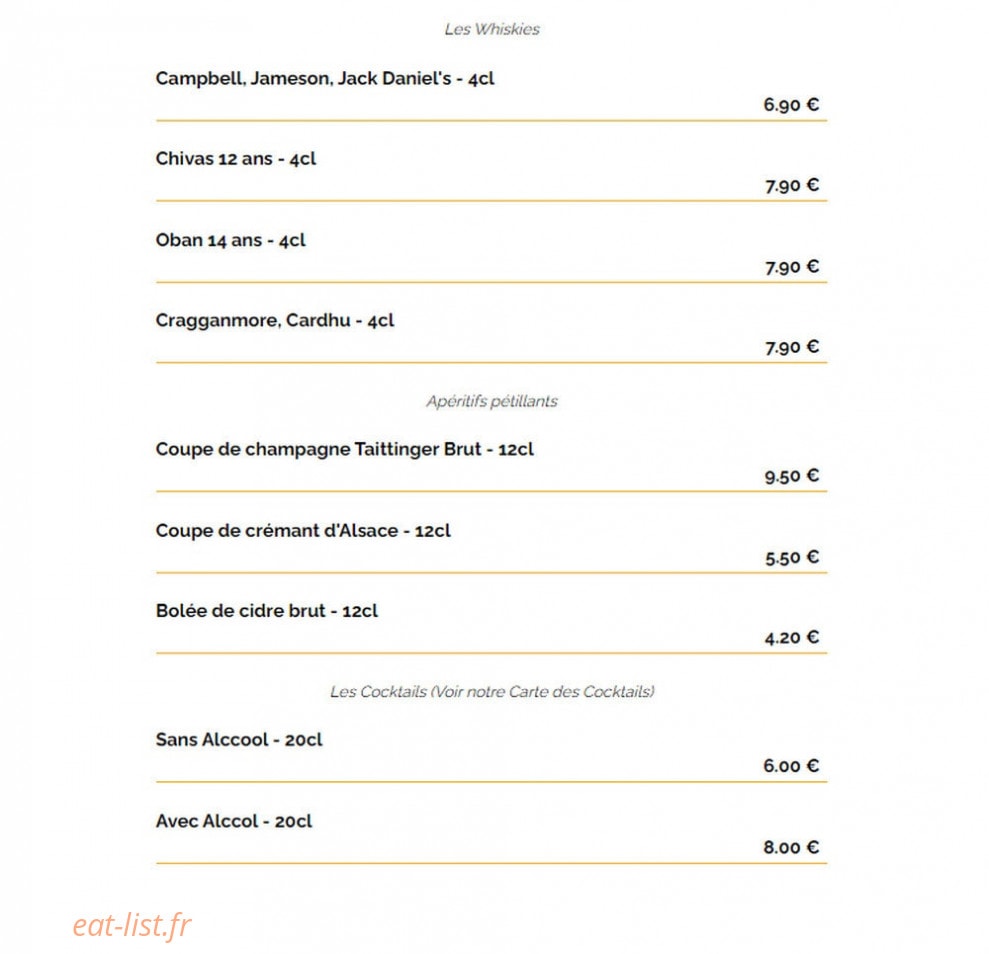 Carte et menu de La Taverne à Saint Malo — Les whiskies, cocktails, ...