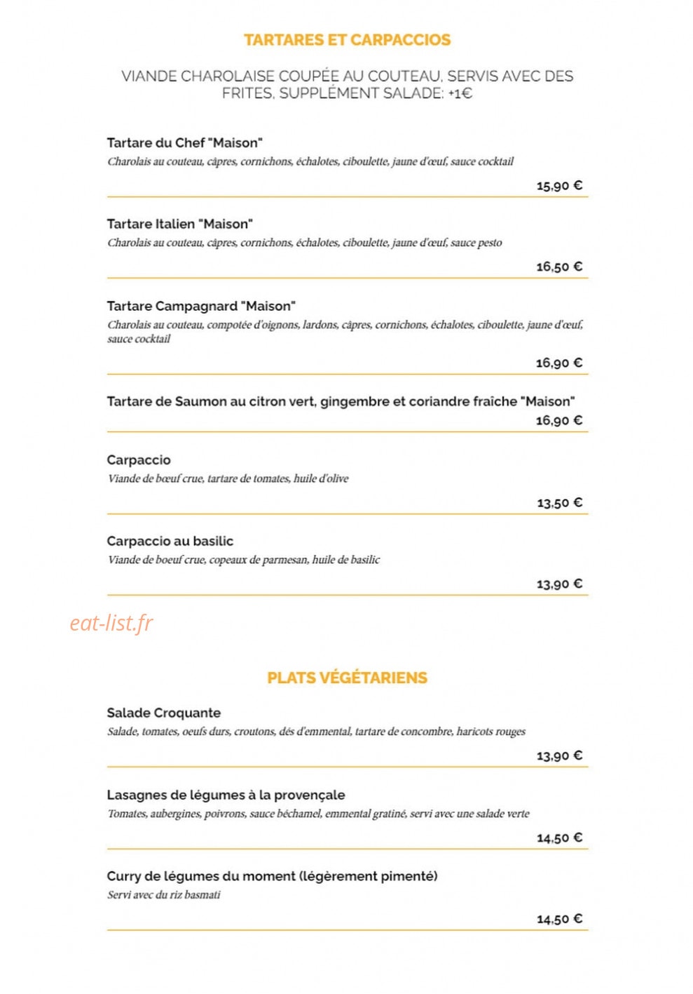 Carte et menu de La Taverne à Saint Malo — Les tartares et plats végétariens