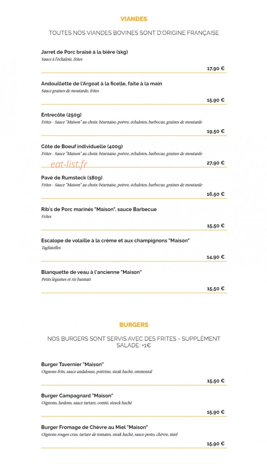 Carte et menu de La Taverne à Saint Malo — Les viandes et burgers