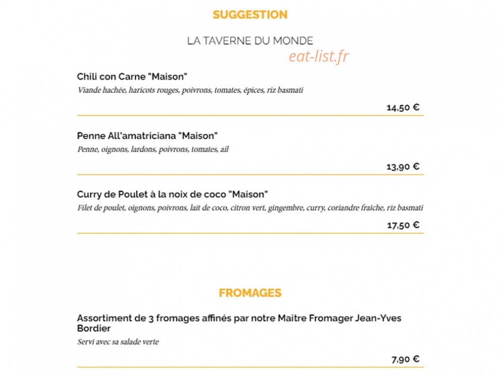 Carte et menu de La Taverne à Saint Malo — Les suggestions et fromages