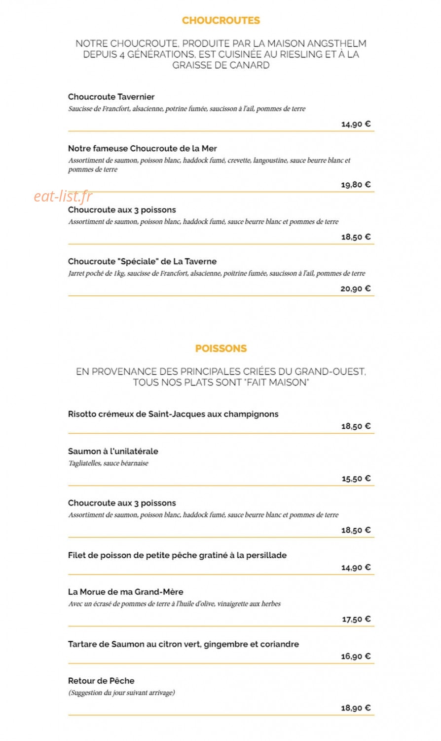 Carte et menu de La Taverne à Saint Malo — Les choucroutes et poissons