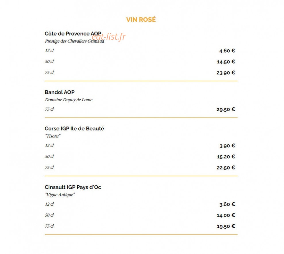 Carte et menu de La Taverne à Saint Malo — Les vins rosés