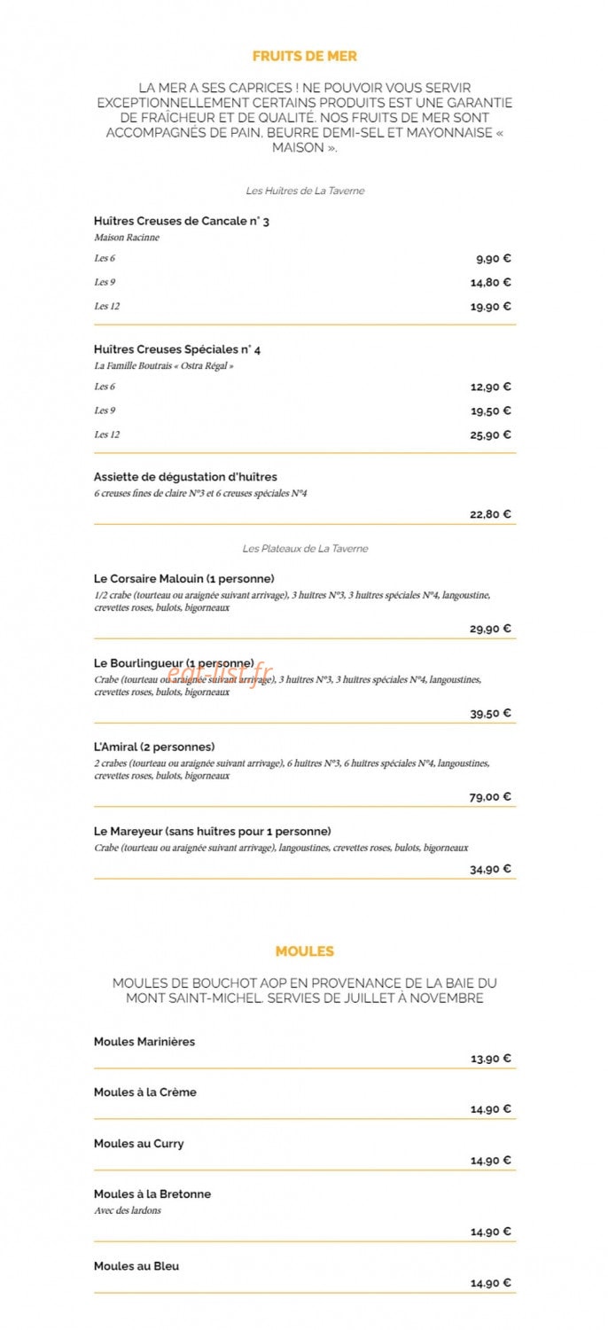 Carte et menu de La Taverne à Saint Malo — Les fruits de mer et moules