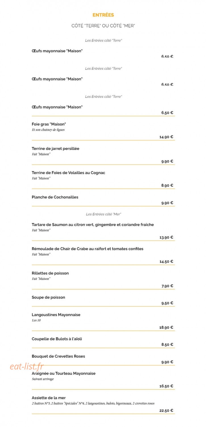 Carte et menu de La Taverne à Saint Malo — Les entrées