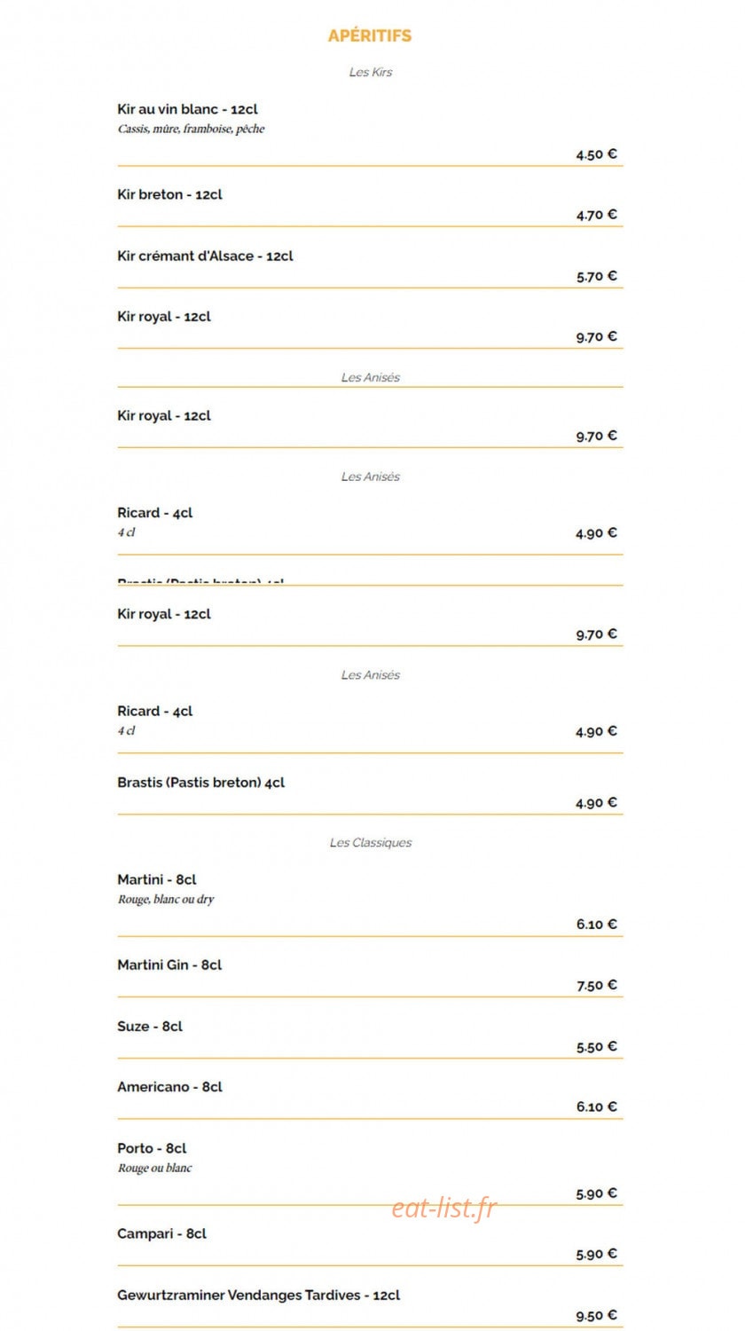 Carte et menu de La Taverne à Saint Malo — Les apéritifs