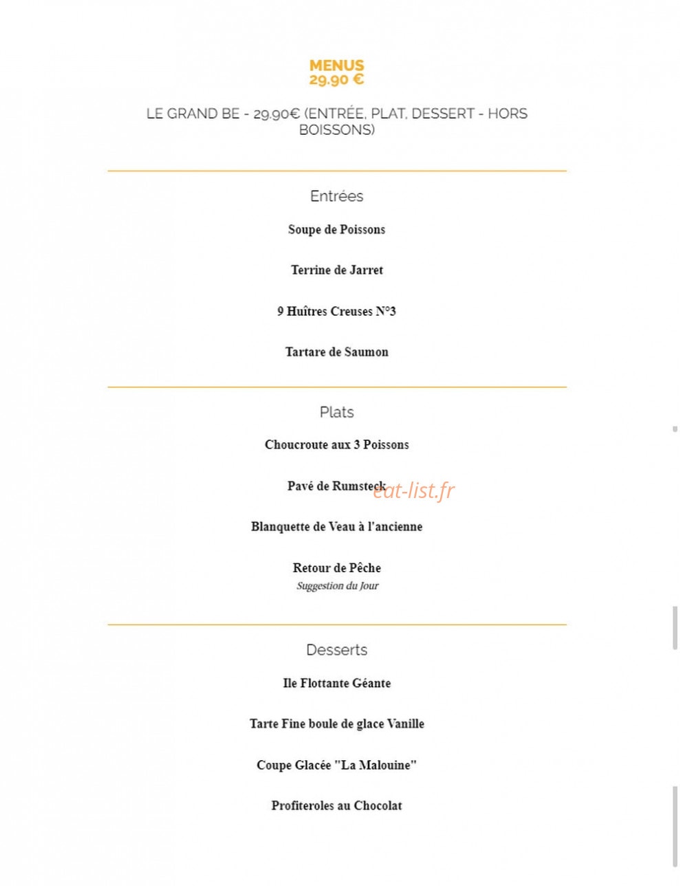Carte et menu de La Taverne à Saint Malo — Les menus à 29.90€