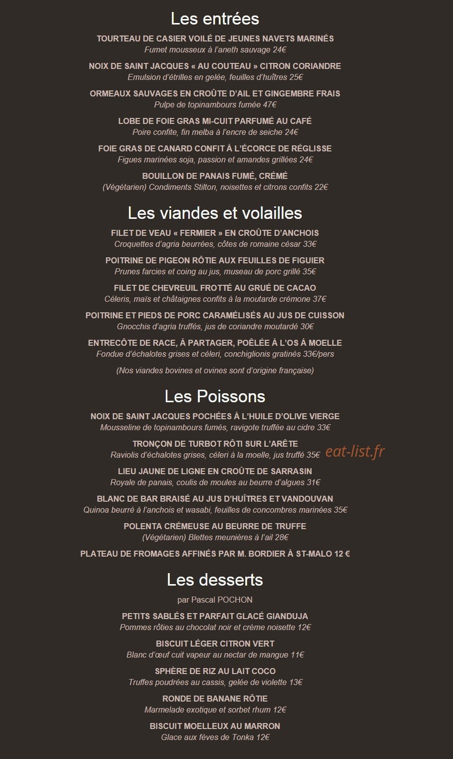 Carte et menu de Les 7 Mers à Saint Malo — Les entrées, viandes, volailles...