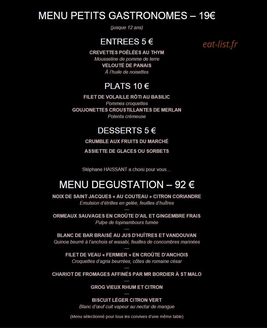 Carte et menu de Les 7 Mers à Saint Malo — Le menu enfant à 19€ et menu 92€