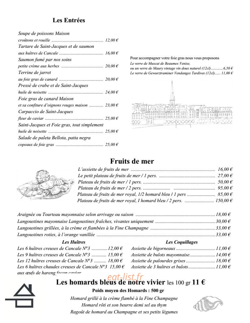 Carte et menu de Les Embruns à Saint Malo — Les entrées et fruits de mer