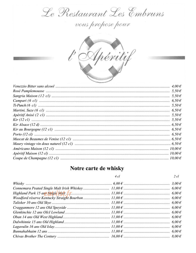 Carte et menu de Les Embruns à Saint Malo — Les apéritifs