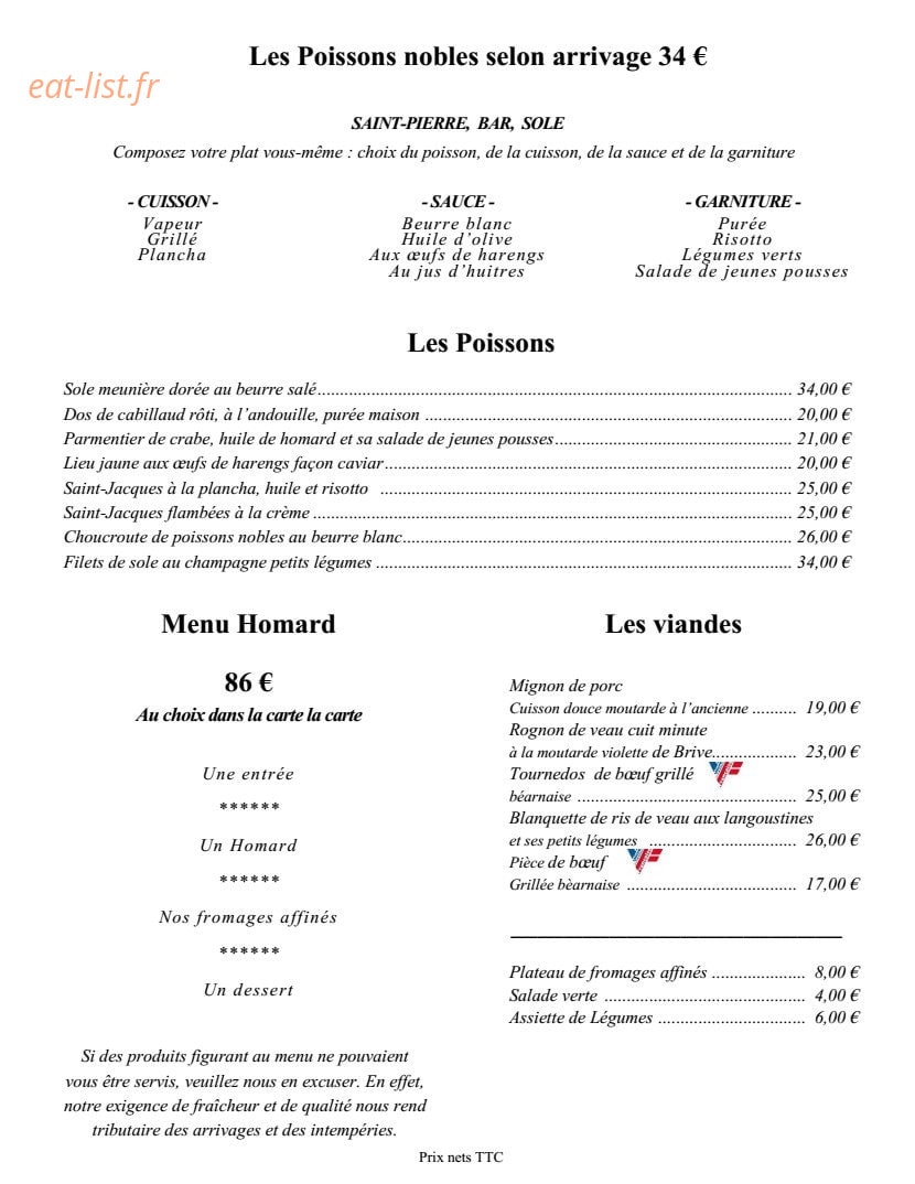Carte et menu de Les Embruns à Saint Malo — Les poissons,viandes,...