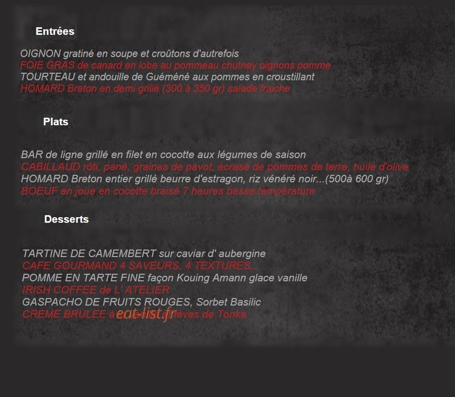 Restaurant l'Atelier — carte page 1