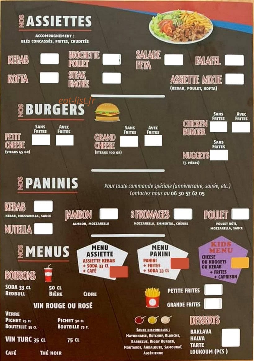 Carte et menu de Dersim kebab à Bain de Bretagne — Les assiettes, burgers et paninis