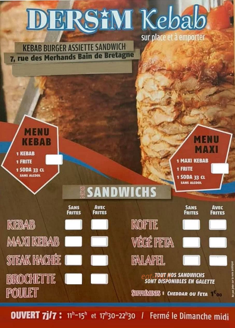 Carte et menu de Dersim kebab à Bain de Bretagne — Les sandwichs