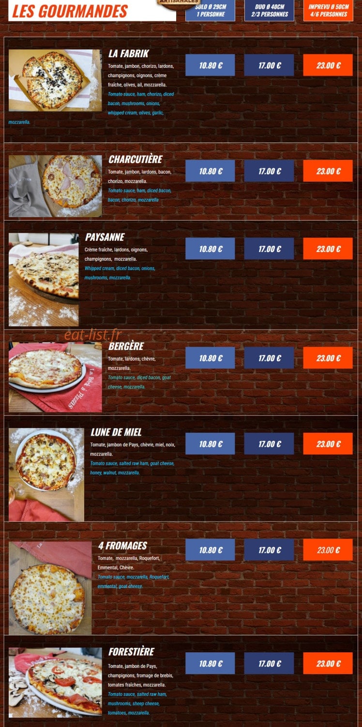La Fabrik à Pizzas — carte page 2