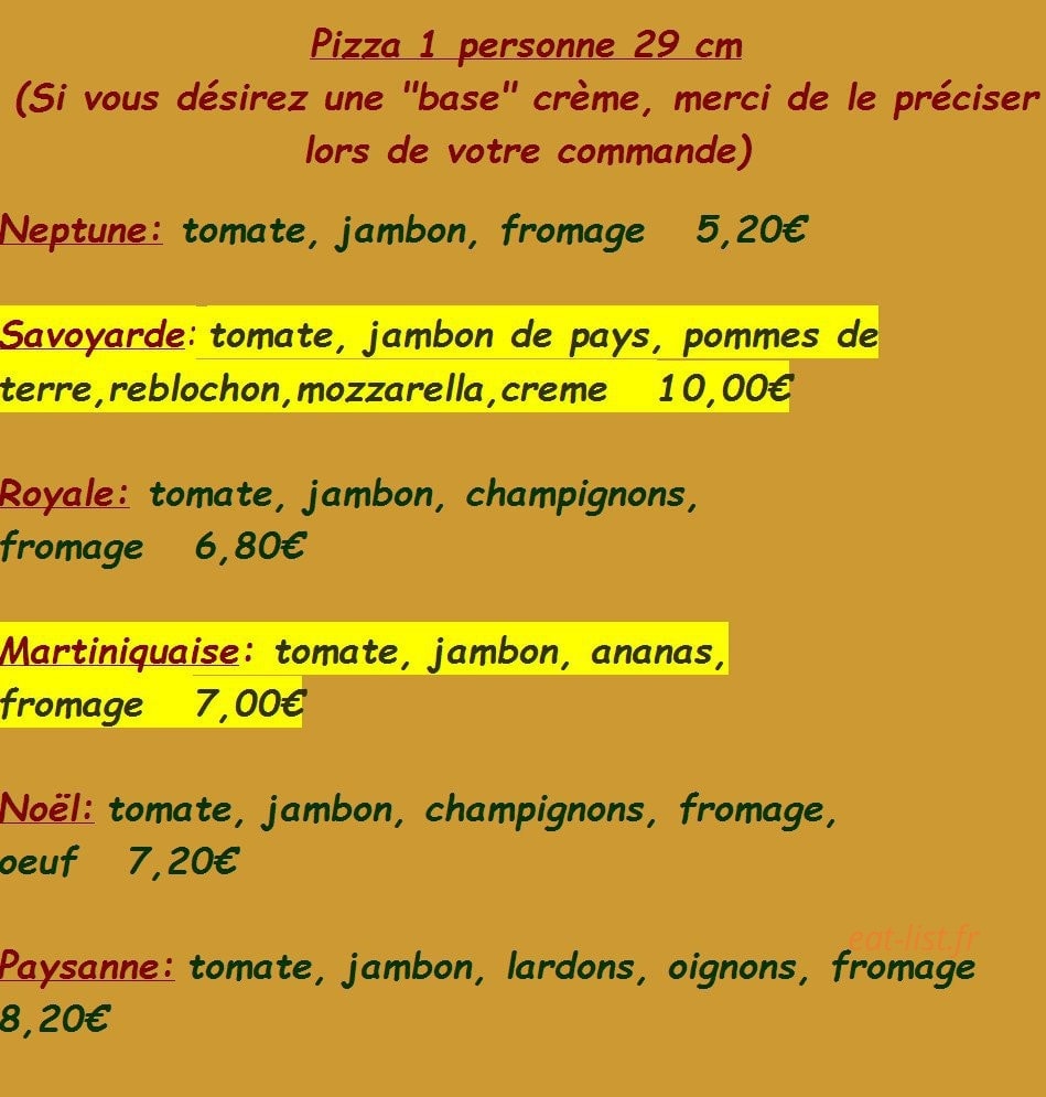 Pizzéria l'Escale — carte page 1
